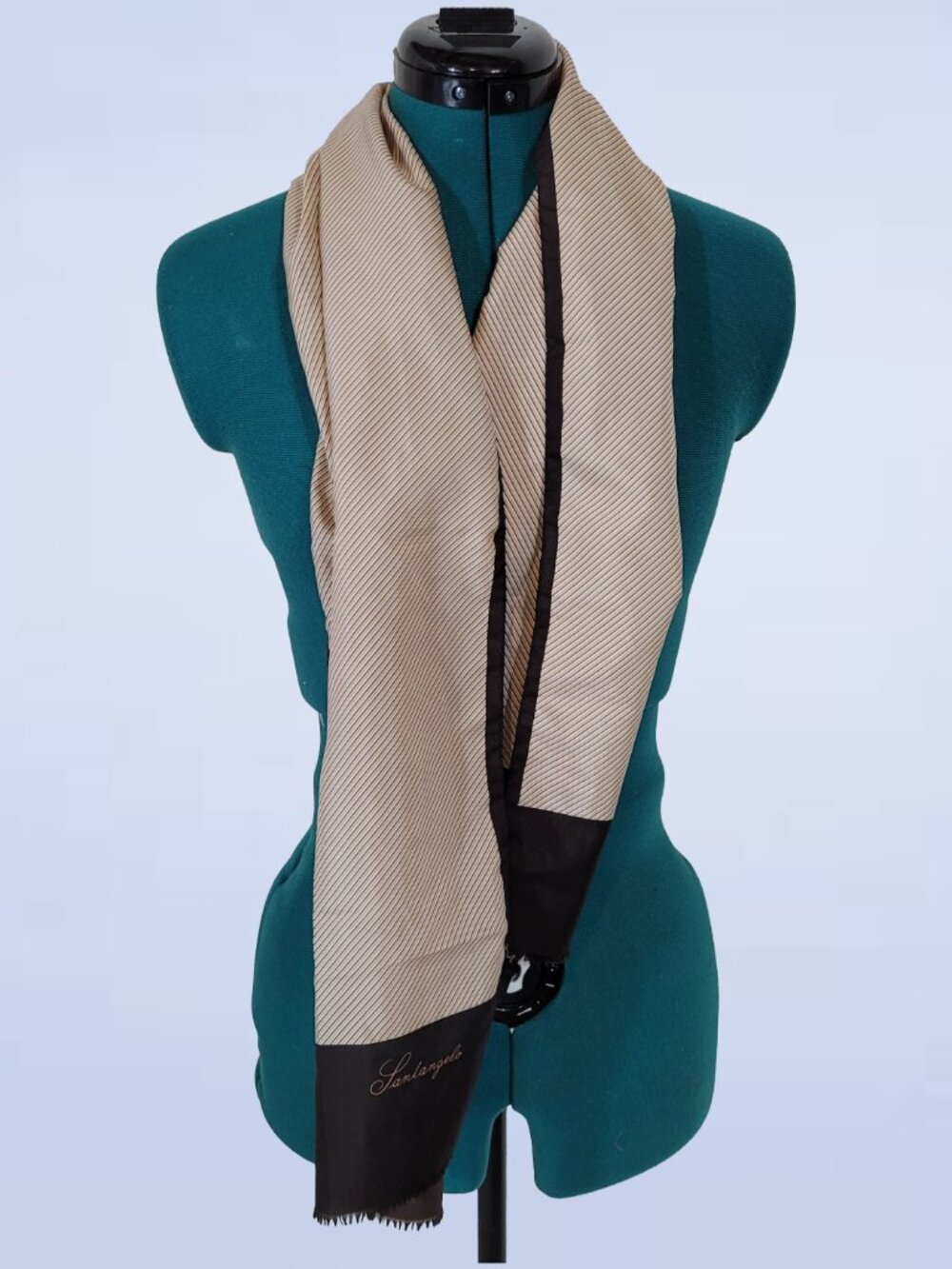 Vintage 1970s Santangelo Long Beige Scarf With A Contrasting Dark Brown Border